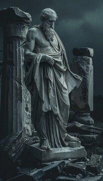 The enduring legacy of stoicism  epictetus amidst eroded ancient ruins in a dark setting