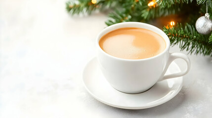 Fototapeta premium Festive coffee cup, Christmas tree lights, winter holiday season, cozy atmosphere, ideal for greeting cards