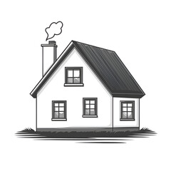 Charming Black and White Illustration of a Cozy Cottage with Chimney and Front Yard