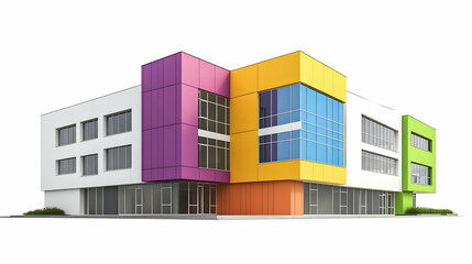 Colorful modern school building against white background, ideal for education or real estate brochures