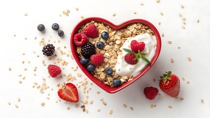 Oatmeal porridge with berry and yogurt in red bowl in the heart shape, top view. Oat flakes healthy breakfast meal. Clean eating, dieting, healthy food. Copy space