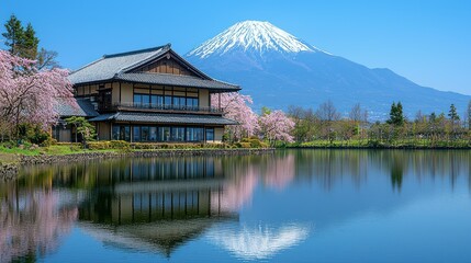 Obraz premium Serene Springtime at Lake Kawaguchiko with Mount Fuji