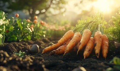 Rows of freshly harvested dirty carrots lying on the ground in a garden