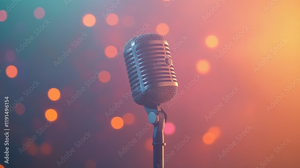 Aufkleber classic microphone stands ready for a performance, bathed in the warm glow of bokeh stage lights, cr