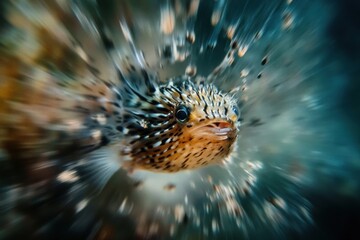 Detailed closeup of striped pufferfish in vibrant underwater scene