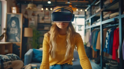 A woman wearing a yellow shirt and a virtual reality headset