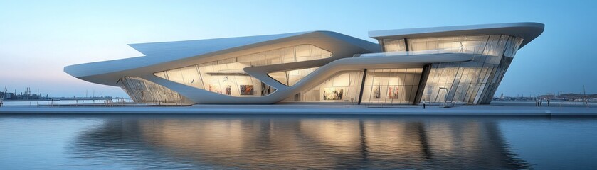 Futuristic Waterfront Architecture at Dusk with Vibrant Reflections and Urban Skyline.