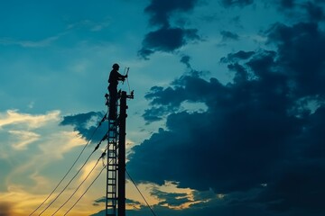 Obraz premium Silhouetted worker on tall ladder, fixing power lines.