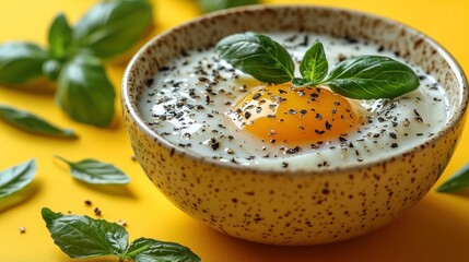 Poached Egg with Basil in a Speckled Bowl