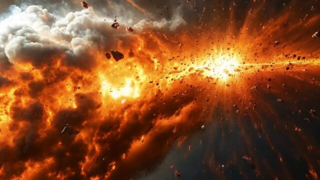 Explosive catastrophe, debris of stones flying in different directions. Concept of nuclear explosion and apocalypse.