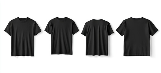 Four black t-shirts, front and back views, white background, mockup