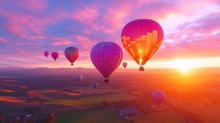 Obraz premium Colorful hot air balloons soar in the sky during a hot air balloon festival at sunset. Dreamy spring and summer landscape