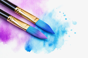 Obraz premium Two paintbrushes with blue and purple paint on a canvas. Scene is creative and artistic