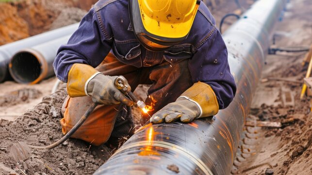 A close-up of a welder inspecting seams on a pipeline, Pipeline construction scene, Welding inspection style