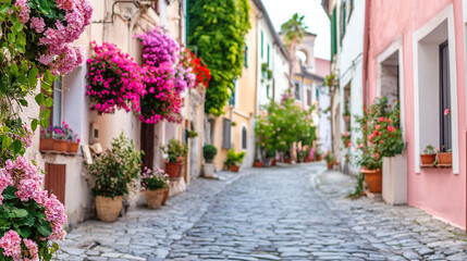 Obraz premium Typical view of empty narrow European street with colorful walls and flowers in pots. Architecture and landmark. Cozy city landscape, tourist route
