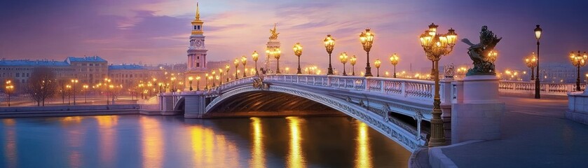 Obraz premium Illuminated bridge at dusk, city skyline, river reflection, romantic travel