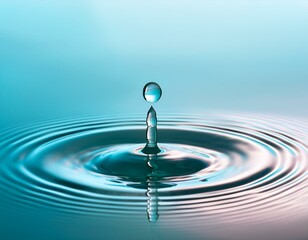 Generated image Single water droplet with ripples on a tranquil pastel water surface. Eco, beauty, wellness