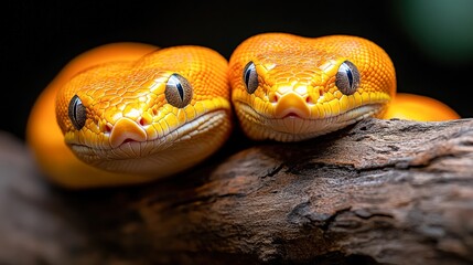 Fototapeta premium Two vibrant yellow snakes with striking patterns rest side by side on a log, showcasing their unique features, This close-up image is perfect for articles or presentations about reptiles or wildlife,