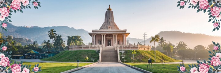 Fototapeta premium Scenic temple sunrise view with floral border.