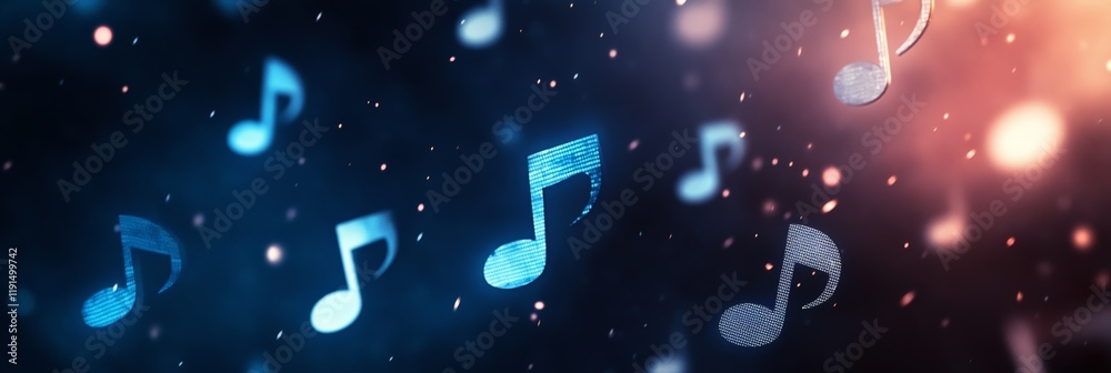 Poster Pixelated music notes float in a vibrant digital space, representing the concept of music composition, recording, and the immersive experience of sound