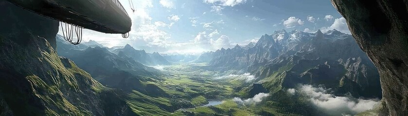Naklejka premium Aerial View of a Lush Valley Surrounded by Majestic Mountains and Soft Clouds