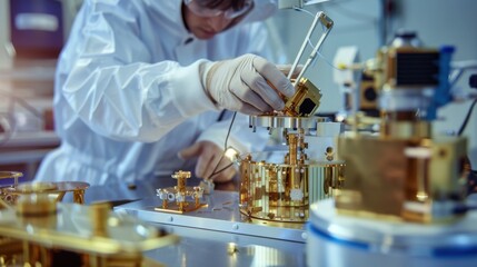 A close-up of an aerospace technician assembling satellite components in a spacecraft assembly facility, with satellite models and cleanroom suits visible, Satellite assembly scene