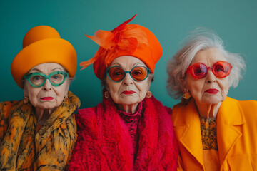 Three women in orange and red clothing pose for a photo. They are wearing sunglasses and hats, and one of them is wearing a red scarf. The photo has a fun and playful mood, as the women are dressed up