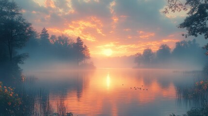 Obraz premium Misty sunrise over calm lake with silhouetted trees and birds.