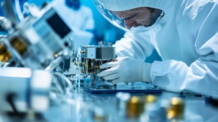 A close-up of an aerospace technician assembling satellite components in a spacecraft assembly facility, with satellite models and cleanroom suits visible, Satellite assembly scene