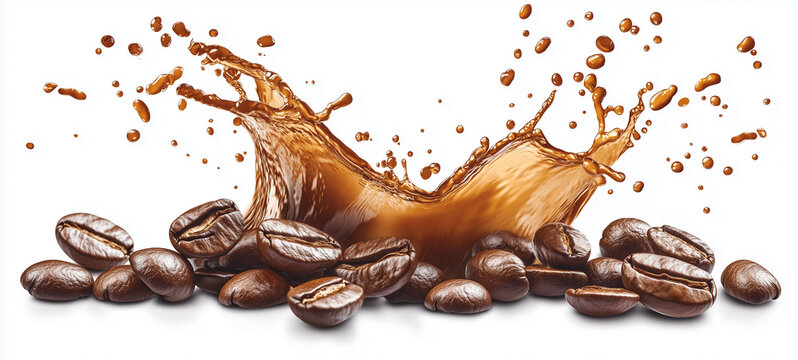 splashing coffee with coffee beans. isolated on white background.