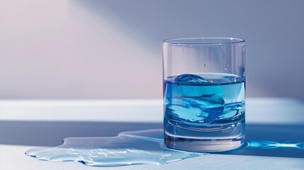 Blue liquid in laboratory glass beaker with scientific equipment and background