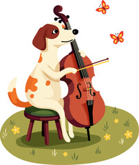 dog playing cello in the meadow. postcard vector illustration