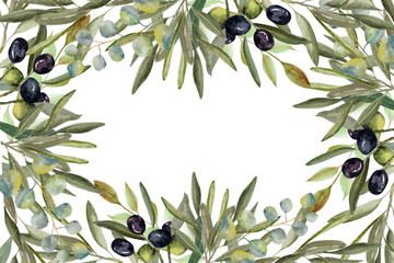 Frame Olive branch with green and black olive berries watercolor illustration.Watercolor frame of olive branches. Hand drawn botanical illustration for design.