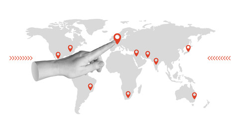 Logistics, positioning, global system management, transportation logistics, route concept. Hand points to specific point on world map. Minimalist art collage