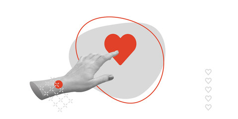 Hand reaches out to heart, representing the act of making choice for love and connection. For motivational blogs, and social campaigns on love and kindness. Minimalistic art collage