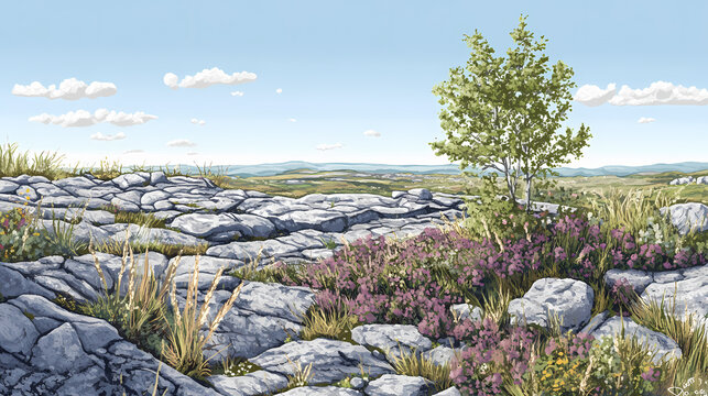 Limestone pavements and unique flora in burren national park, county clare, ireland, burren national park, county clare. Glimmerstone. Illustration