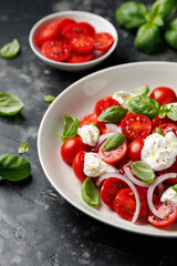 Ricotta cheese salad with cherry tomatoes, onion and basil. Healthy food
