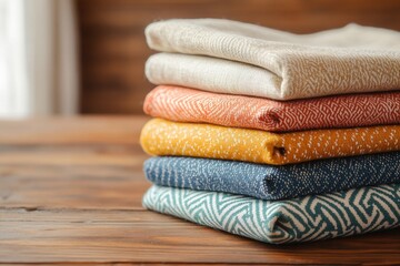 Vibrant Textiles Display on Rustic Wooden Stall with Natural Light