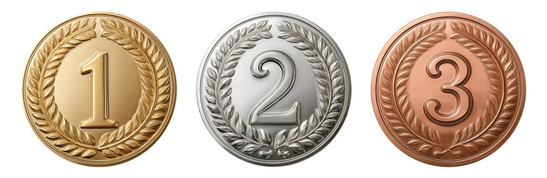 gold medal first place, silver medal second place, bronze medal third place