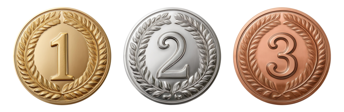 gold medal first place, silver medal second place, bronze medal third place