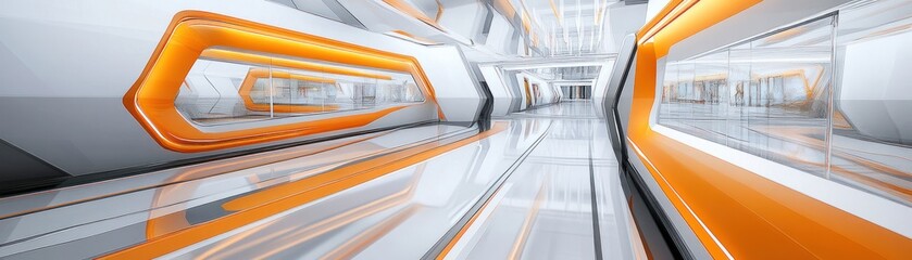 Futuristic Corridor Featuring Geometric Design and Vibrant Orange Accents for Modern Aesthetics