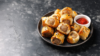 Freshly baked English Sausage rolls with ketchup. Party snack food.