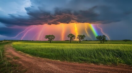 Stormy Sky with Rainbow Over Field
