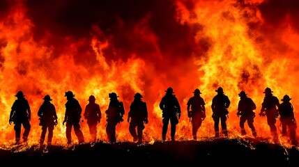 Firefighters in formation with flames behind them