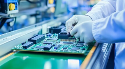 Obraz premium A close-up of an assembly line worker in a bright, clean factory environment carefully inspecting electronic components, with conveyor belts in the background