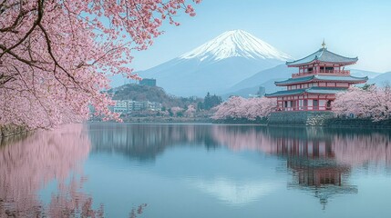 Fototapeta premium Serene Cherry Blossom Reflection at Lake Kawaguchiko with Mount Fuji