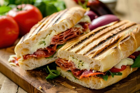 Delicious panini with grilled turkey, mozzarella, tomatoes, arugula and pesto on wooden cutting board