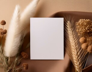 empty blank white card invitation mockup template surrounded by earthy neutral boho tones, plants, and fabrics