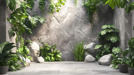 Natural stone tiles and decor with plants. Glimmerstone. Illustration