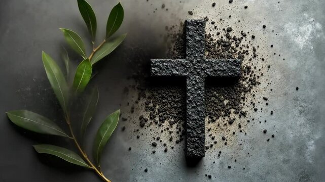 Ash Wednesday Ritual With Cross Made of Ashes and Olive Leaves on Concrete Background